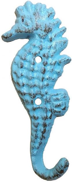 Hampton Nautical Rustic Light Blue Cast Iron Seahorse Hook 7" - Seahorse Wall Decor - Coastal L