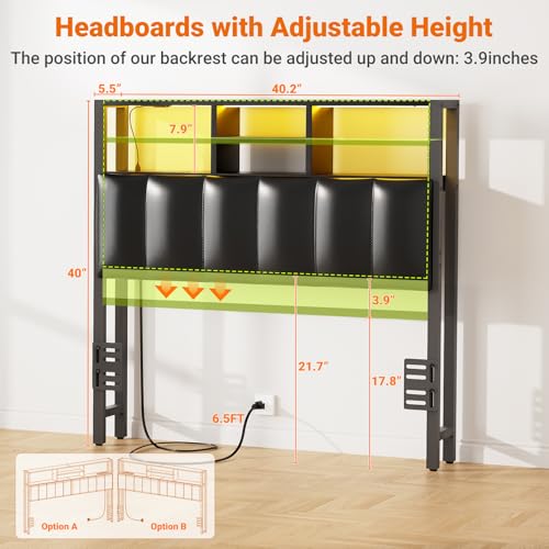 Image of Aheaplus Headboard for Twin Size Bed with Storage, Upholstered Headboards | with Outlets, USB Ports and LED Light, Reversible Twin Size Head Board, Height Adjustable, Comfortable Headboard, Black