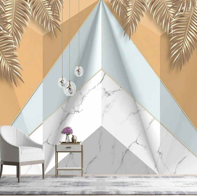 Papier peint salon fond de canapé géométrique 3D feuilles dorées