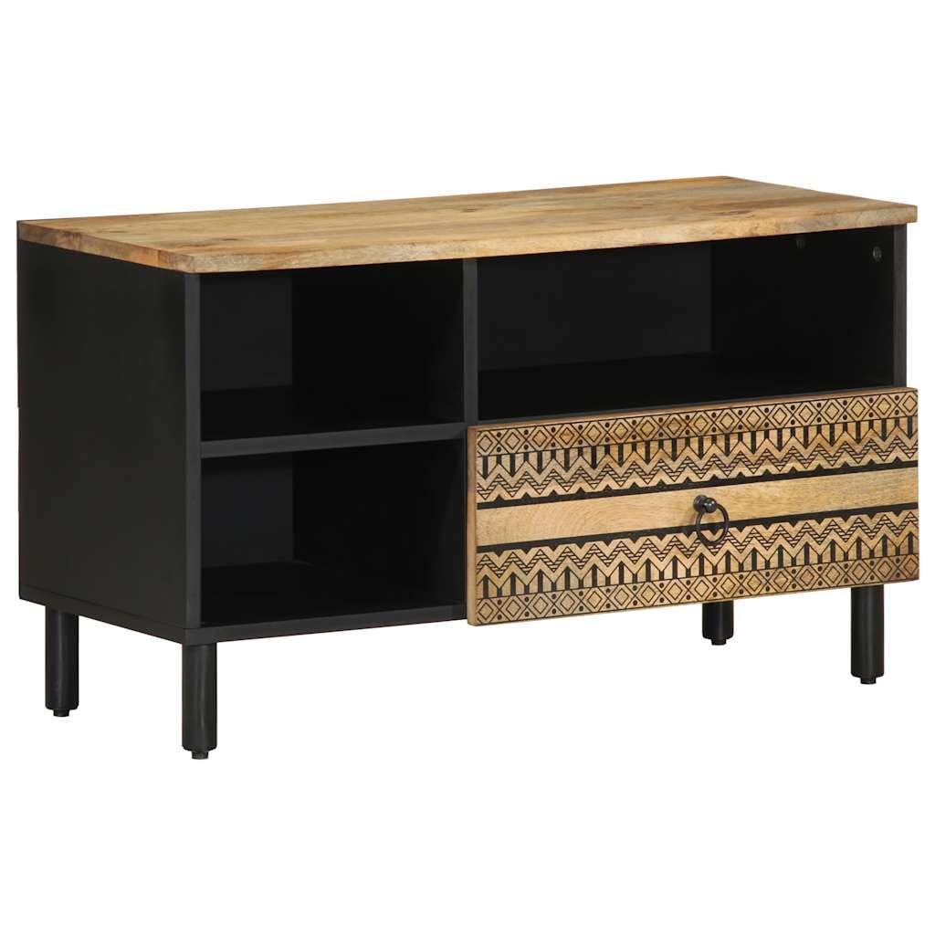 Mobile TV nero in legno di mango grezzo, 80 x 33,5 x 46 cm, con cassetto e scomparto, console multimediale bassa per soggiorno, home theatre gaming, rack HiFi con spazio e ripiano