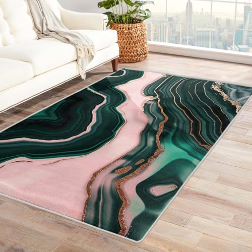 NejTrenzy Modern Marble Rug 5x7, Washable Emerald Green Gold Pink