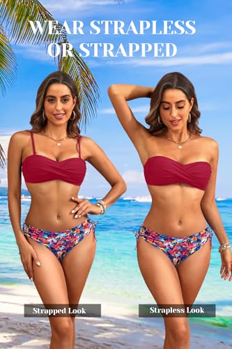 Image of Tempt Me Women Strapless Bandeau Bikini Set Twist Front Two Piece Swimsuit | Detachable Shoulder Straps, Molded Cup Design, Anti-slip Strips, Side Tie Bikini Bottom, Low Rise Fit