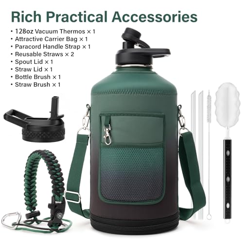 1 Gallon Water Bottle Insulated | Thickened Stainless Steel Vacuum Metal Water Jug | Portable Sports Large for Gym and Hiking with Straw, Carrier Bag, Handle Strap | BPA-Free 128 oz