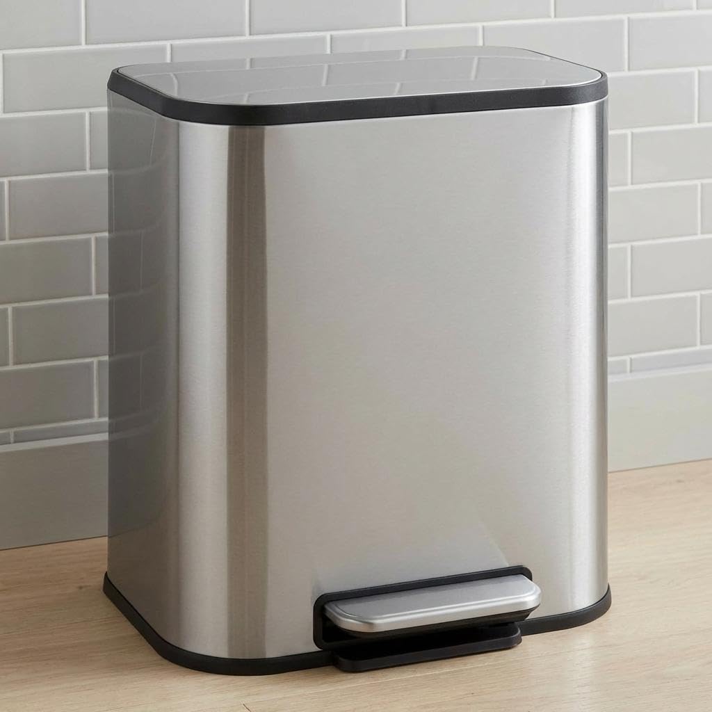 Jojoka 13 Gallon Stainless Steel Kitchen Trash Can with Lid, Rustproof Step-on Garbage Bin with Soft Close, Removable Inner Bucket and Rear Handle, Large Metal Waste Can for Home or Office, Silver