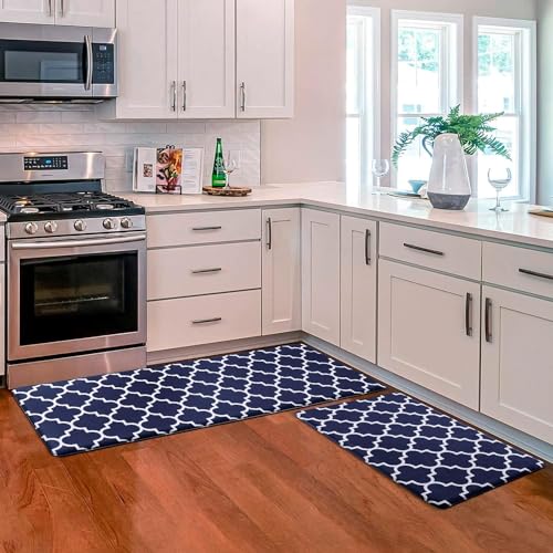 KMAT Kitchen Mat [2 PCS] Cushioned Anti-Fatigue Area Rug Sets, Waterproof Non-Slip Kitchen Mats and Rugs Heavy Duty PVC Ergonomic Comfort Foam Rug for Kitchen, Floor Home, Office, Sink,Blue