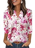 Aokosor Womens 3/4 Sleeve Tops Ladies Blouse V Neck Tunic Long Sleeve T Shirts Curved Hem Office Wear Red Flora Top Plus Size 22-24 for UK