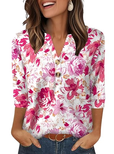 Aokosor Womens 3/4 Sleeve Tops Ladies Blouse V Neck Tunic Long Sleeve T Shirts Curved Hem Office Wear Red Flora Top Plus Size 26-28 for UK