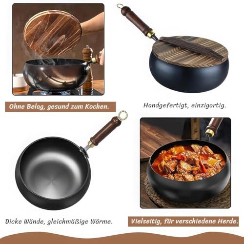 Schwere Gusseisen-Bräter Unbeschichtet, Unbeschichteter Dicker Eisentopf, 24/26/28cm Handgeschmiedete Japanische Eisenpfanne für Braten, Dünsten, Frittieren (Glasdeckel,24cm)