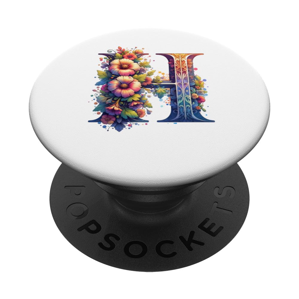 Capital Letter H Flower Alphabet Monogram PopSockets Swappable PopGrip, Black