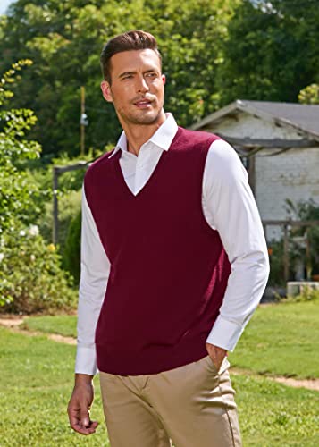 Kallspin Men's Cashmere Wool Blended Vest Sweater Relaxed Fit V Neck Sleeveless Knitted Vest Pullover (Burgundy, 2X-Large) #TOP4