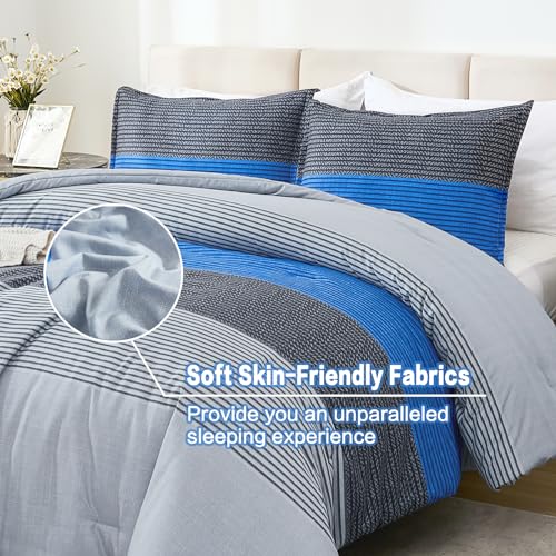 Litanika Comforter Set Oversized King 120x98 Grey Blue - 3 Pieces Lightweight Grey Blue Colorblock Stripe Fluffy Bedding Comforter Sets, All Season Bed Set