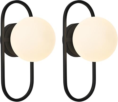 SeeU Juego de dos apliques de pared negros vintage con pantallas de vidrio lechoso modernas para sala de estar, dormitorio, escaleras, pasillo