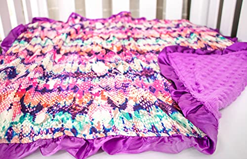 Image of Top Tots Baby Blanket - Watercolor Reptile with Purple Minky Dot & Satin Ruffle, 31 x 31 Inch Multicolored