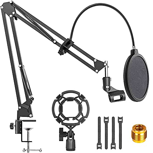 Microphone Stand, Mic Suspension Boom Scissor Arm Stand with Pop Filter and Shock Mount, 3/8 to 5/8 Adapter for Radio Broadcasting Studio, Voice-Over, Recording, Games Live, Youtube
