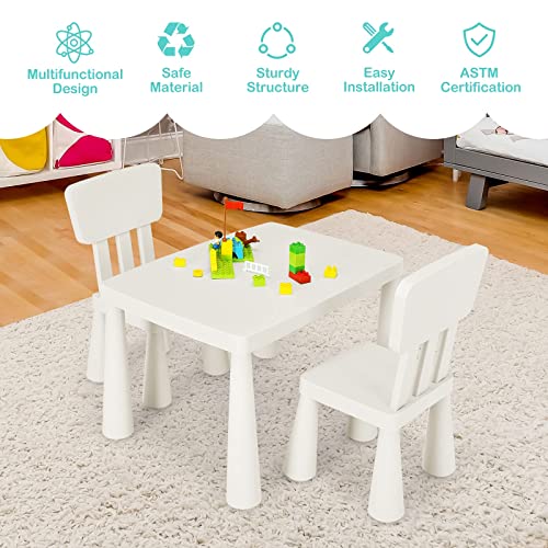 Image of Costzon Kids Table and Chairs, 3 PCS Plastic Toddler Table Set (White) | Easy Clean Activity Desk Set for Reading, Drawing, Snack Time, Art Craft, Suitable for Preschool, Playroom, Indoor & Outdoor