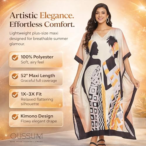 Image of Oussum Women Polyester Casual Long Plus Size Beach Caftan Cover Up Maxi Dress 1X-3X Summer Kaftan Dresses for Women