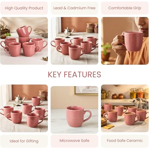 Image of The Earth Store Pink Cylus Ceramic Tea Cup Set of 6 for Tea | 190ML Each | Microwave & Dishwasher Safe | Perfect for Every Occasion Chai | Coffee Cups for Home, Office, Gifting & Daily Use