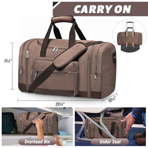 Image of Wolhbege Duffle Bag for Travel,Mens Travel Bag & Carry On Bag for Men with Expandable Design and Luggage Sleeve -Duffel Bag for Gym, Weekender, Overnight Trips, Brown, 20.5 x 11.5 x 10 inches