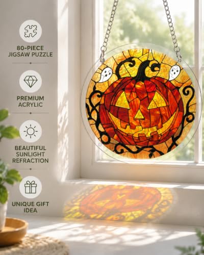 Image of Acrylic Jigsaw Puzzle Suncatcher Ghost Flame Pumpkin Puzzles Gifts 12 inch