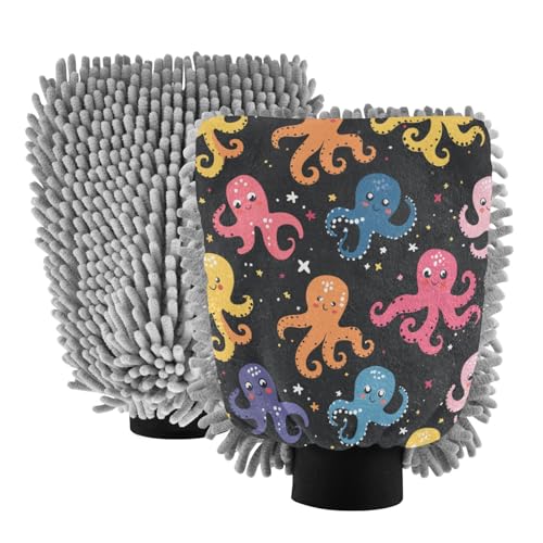 ALAZA Cute Octopuse Stars Car Wash Mitt Scratch Free, 2 Pack Absorbent Microfiber/Chenille Washing & Drying Mitts, M
