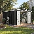 Aoxun 10 x 12FT Outdoor Storage Shed with Double Hinged Large Door Metal Sheds Outdoor Storage for Garden Utility Garden Shed with Lockable Door & Sloped Roof, Backyard, Patio and Backyard, Black