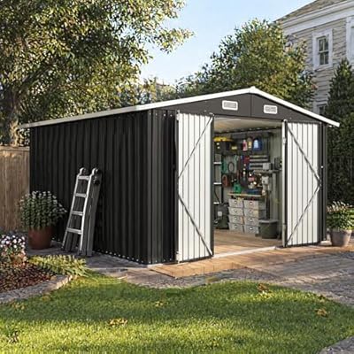 Aoxun 10 x 12FT Outdoor Storage Shed with Double Hinged Large Door Metal Sheds Outdoor Storage for Garden Utility Garden Shed with Lockable Door & Sloped Roof, Backyard, Patio and Backyard, Black