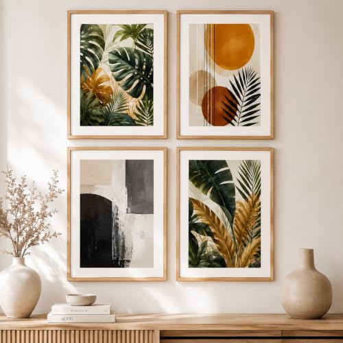 Image of Livin'luxe Set of 4 Tropical Botanical & Geometric Abstract Wall Paintings with Sparkle Laminate and Premium Wooden Synthetic Frame for Living Room Bedroom Office Decor (13.5 x 19.5 Inch)