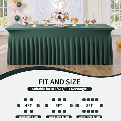 Image of Outpain 8ft Spandex Table Cloth for Standard Folding Tables-4Pack Hunter Green Table Cloth Table Protector for Party, Wedding, Cocktail, Banquet, Festival