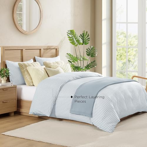 Image of Andency Gingham Duvet Cover Full Size, Blue Checkered Plaid Bedding Set, 3 Pieces Soft Prewashed Polyester Comforter Cover with Zipper Closure & Corner Ties