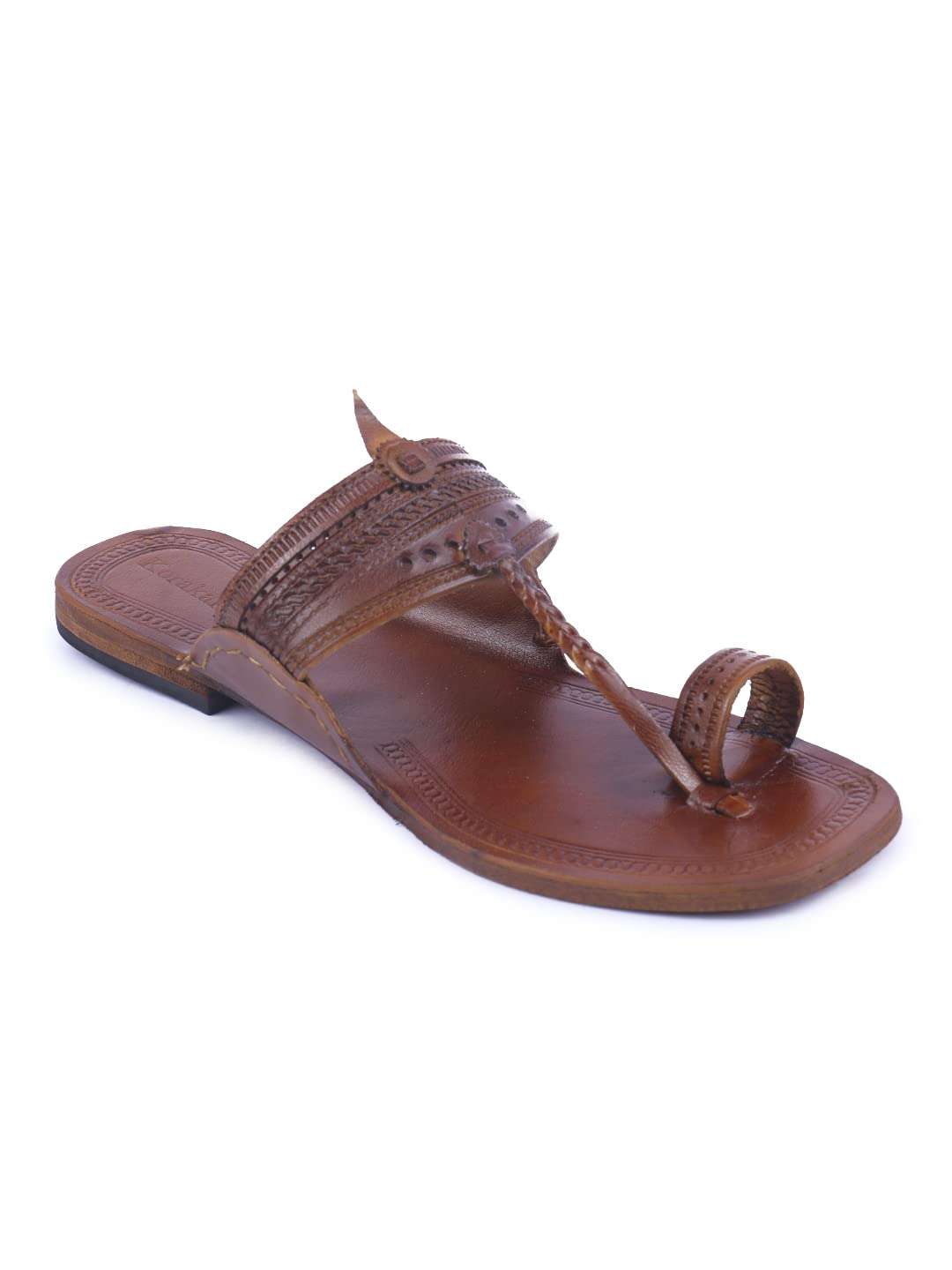 KORAKARI Women's Kolhapuri Chappal Tan Leather Handcrafted Sandal Smooth and Soothing Flip Flops Slipper Stylish Anti Slip Design Traditional Footwear