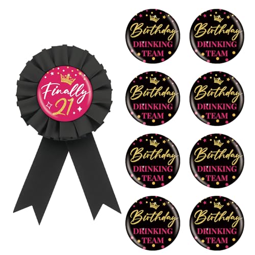 Image of 9PCS Finally 21 Button Pins, It's My 21st Birthday Squad Button for Women, Black Cheers to Twenty One Years Old Birthday Pinback, Happy 21st Birthday Badges Party Supplies