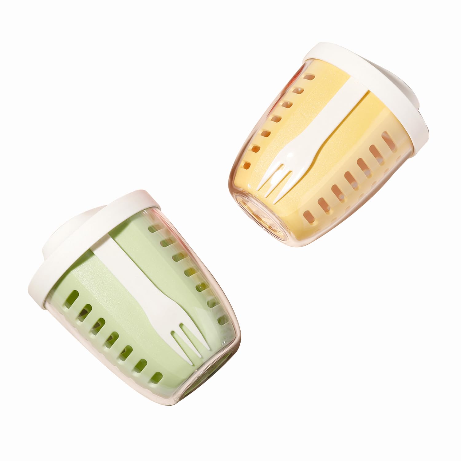 Fruit Salad Storage Cup With Lids and Fork, 20 Oz Plastic Airtight Fruit Storage Containers for fridge with BPA-Free, Leak-Proof, Reusable for Office,Party,Travel. (yellow+green)