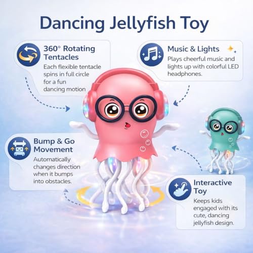 Image of Dancing Jellyfish Toy for Kids, Large Size, Random Colour | Music, LED Lights, 360 Bump-and-Go Action, Battery Operated with Obstacle Sensor