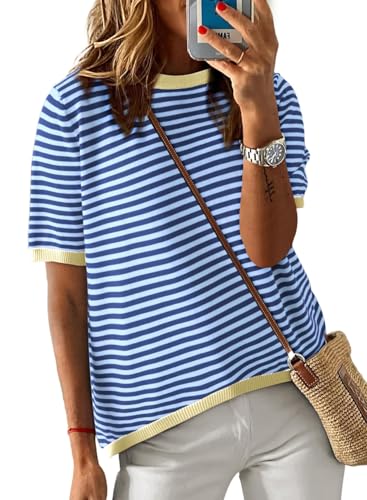 Cuptacc Tops Damen Gestreiftes T Shirt Damen Sommer Rundhals Oberteile Locker Bluse Baumwolle Top Blau Mittel M 38-40