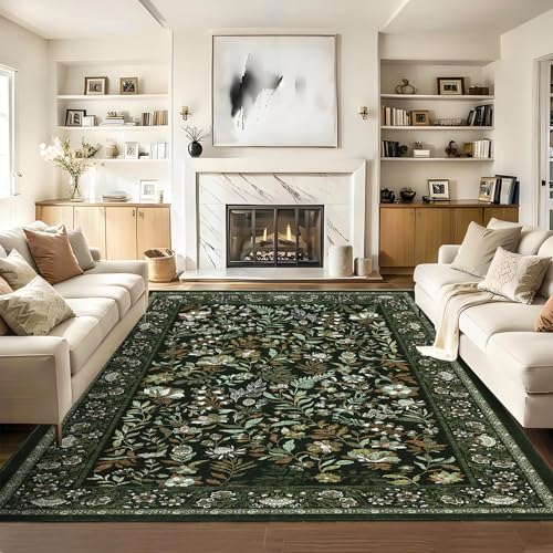 GarveeHome Moss Green Living Room Rug 5x7 Washable Floral Area Rugs for Bedroom Low Pile Non Slip Floor Cover Indoor Soft Non-Shedding Farmhouse Retro Throw Carpet for Dining Room Home Office Nursery