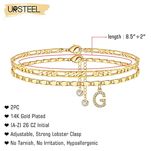 Image of Ursteel Ankle Bracelets for Women, 14K-Gold-Plated Dainty Layered Chain CZ Initial Anklets Set Summer Jewelry Gifts for Women