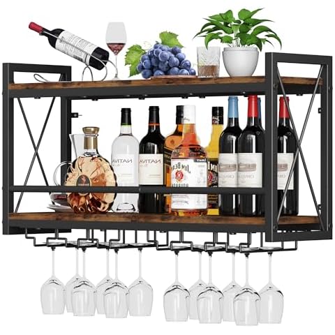Homeiju Wall Mounted Wine Rack, Bottle & Glass Holder Wood-Metal Retro Wine Rack, Wine Bottles Display Wall Storage for Kitchen Dining Room Home Bar Cover
