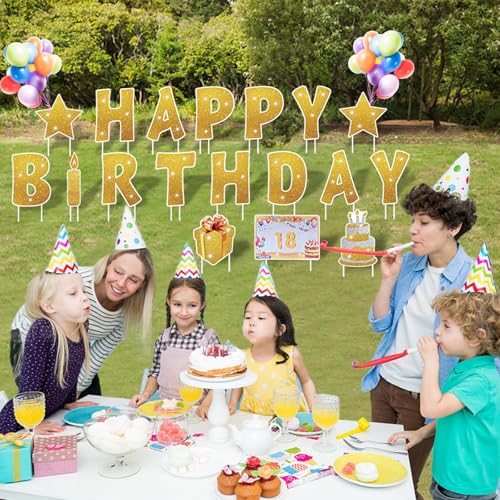 image for Rtshuok 18 Pcs Happy Birthday Yard Sign with 32.8 ft Led Light, 16” 