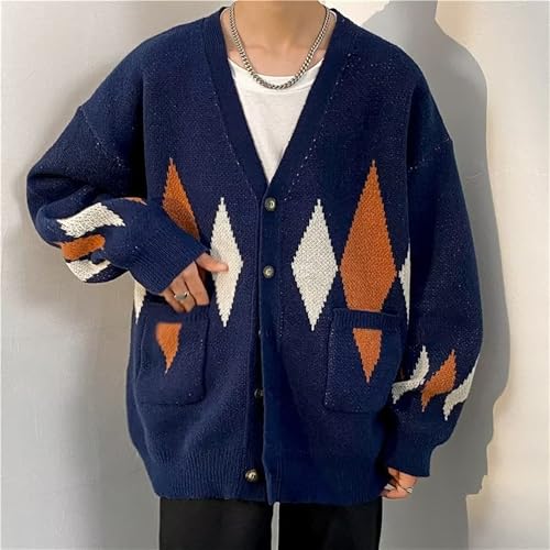 Men Argyle Pattern Sweaters V Neck Button Up Drop Shoulder Geo Cardigan Sweater Open Front Jumper with Pockets, Large, Blue3