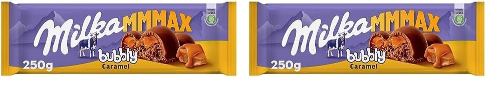 Milka MMMAX Bubbly Caramelo Tableta Grande de Chocolate con Leche de los Alpes Aireado con Burbujas y Relleno Líquido de Caramelo 250g (Paquete de 2)
