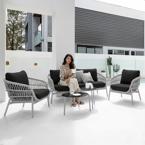 Image of Amazon Brand - Solimo Outdoor 4 Seater Sofa Set | Balcony Sofa | Patio Furniture Sets | Conversation Sets | Braid & Rope Garden 4 Seater Sofa Set with Center Table (Grey)