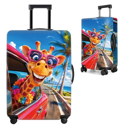 Image of Funny Giraffe Road Trip Luggage Cover Protective Suitcase Protector, Summer Beach Palm Tree Elastic Washable Travel Baggage Cover Fits 28-30 Inch Suitcase, Cool Animal Wearing Sunglasses Design,L