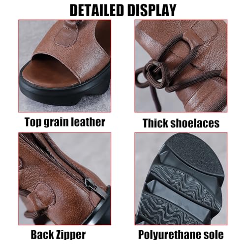 Women's Leather High Top Platform Sandals Vintage Casual Open Toe Lace Up Back Zipper Chunky Wedge Booties Comfortable Soft Sole Roman Sandals2