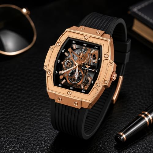 Image of Men's Analog Watch with Skeleton Dial, Alloy Case, Brown Silicone Strap, Quartz Movement, Magnetic Buckle & 30M Water Resistant Wrist Watch