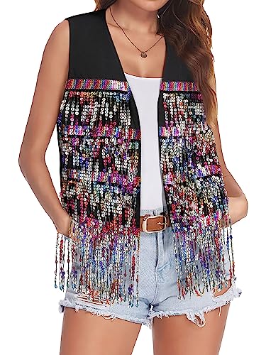 Dresswel Womens Sequin Fringe Vests Glitter Open Front Cardigan Party Prom Rave Sleeveless Tassels Vest Jacket