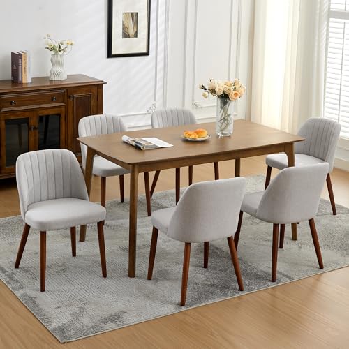 Wooden Dining Chairs Set of 6, Upholstered Kitchen Dining Room Chairs with Padded Seat and Wood Legs, Modern Fabric Side Dinner Chair for Kitchen, Din