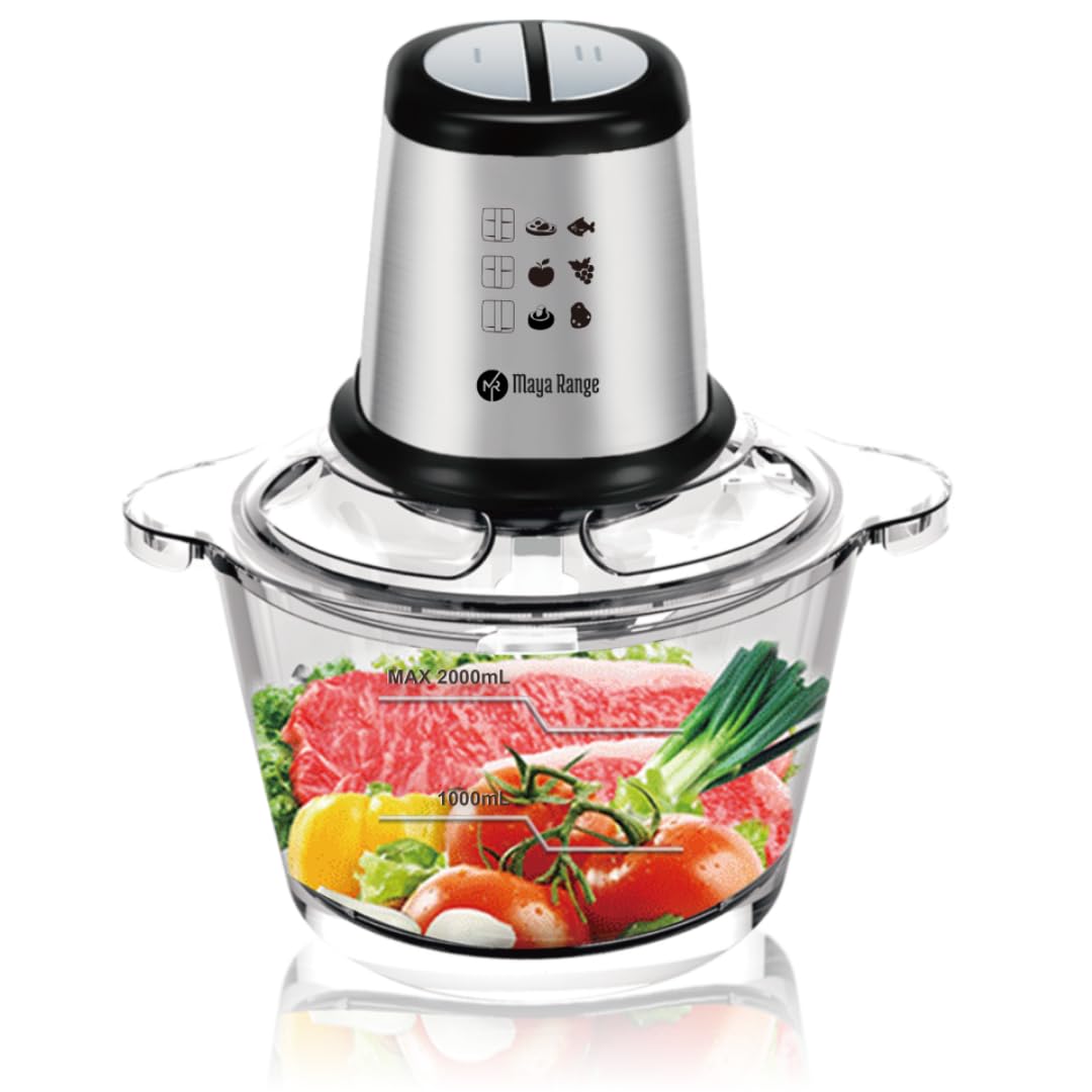 Maya Range Food Processor 2 Speeds Vegetable Chopper, Meat Grinder, 2L Glass Bowl, Stainless Steel Body, Dishwasher safe parts, Powerful Stainless Steel 4 bi-Level Blades for Meat Vegetable Fruit 350W