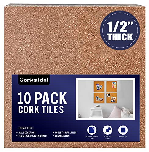 Corksidol Cork Tiles 12'x12' - 1/2' Thick -Bulletin Board-Cork Board- Ultra Strong Self Adhesive Backing for Floor/Wall/DIY-10 Pack