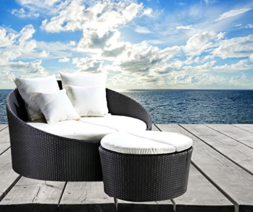 Image of DEVOKO Outdoor Pool Side, Garden, Balcony, Porch, Backyard, Terrace, Patio, Beach Round Sofa Wicker and Rattan Daybed with Table Furniture Set (Black & Offwhite)