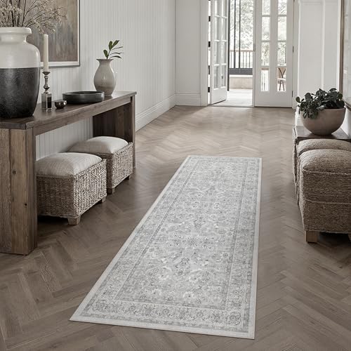 PureCozy Gray 2x6 Runner Rug Hallway Washable Vintage Carpet Kitchen Long Small Indoor Non Slip Soft Low Pile Thin Stain Resistant Distressed Accent Throw Rug for Bedroom Laundry Office Livi